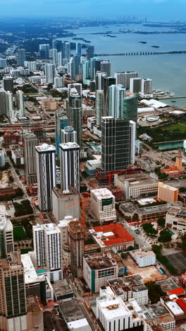 vast scenery of miami cityscape with multiple piers on the water. wide array of architecture in the modern usa city. vertical video