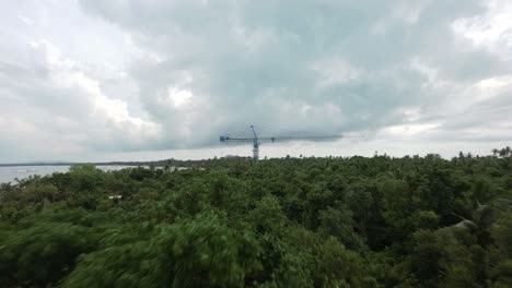 fpv drone flyover greenery island vegetation on cloudy day with beach in the background