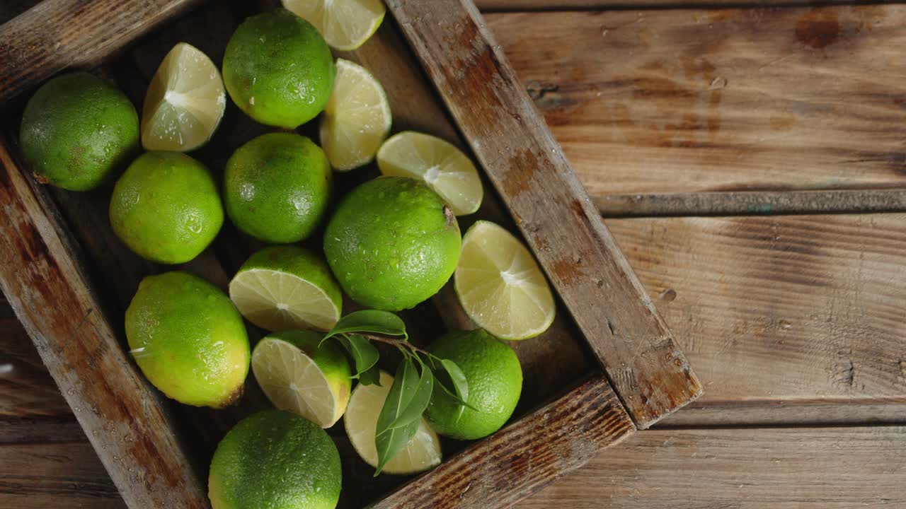 limas en bandeja de madera cayendo gotas de agua.