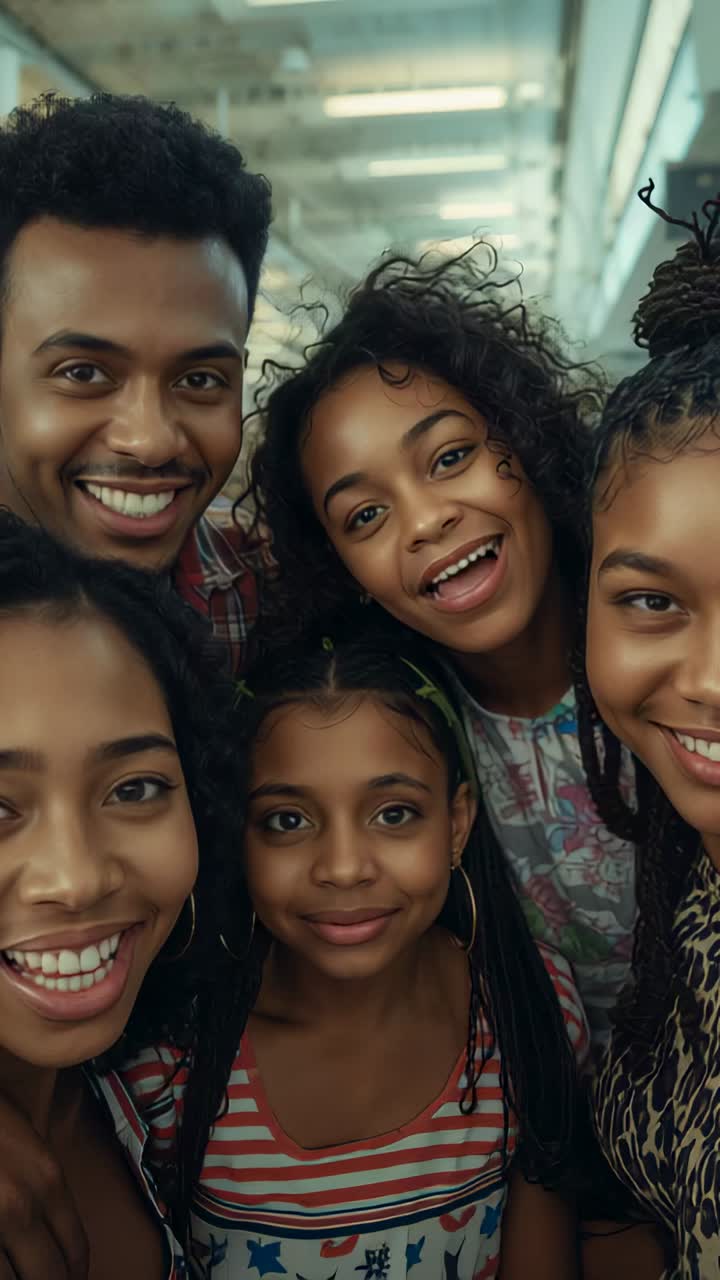 Vertical video: Extending smartphone, father filming family selfie, moving and smiling in corridor