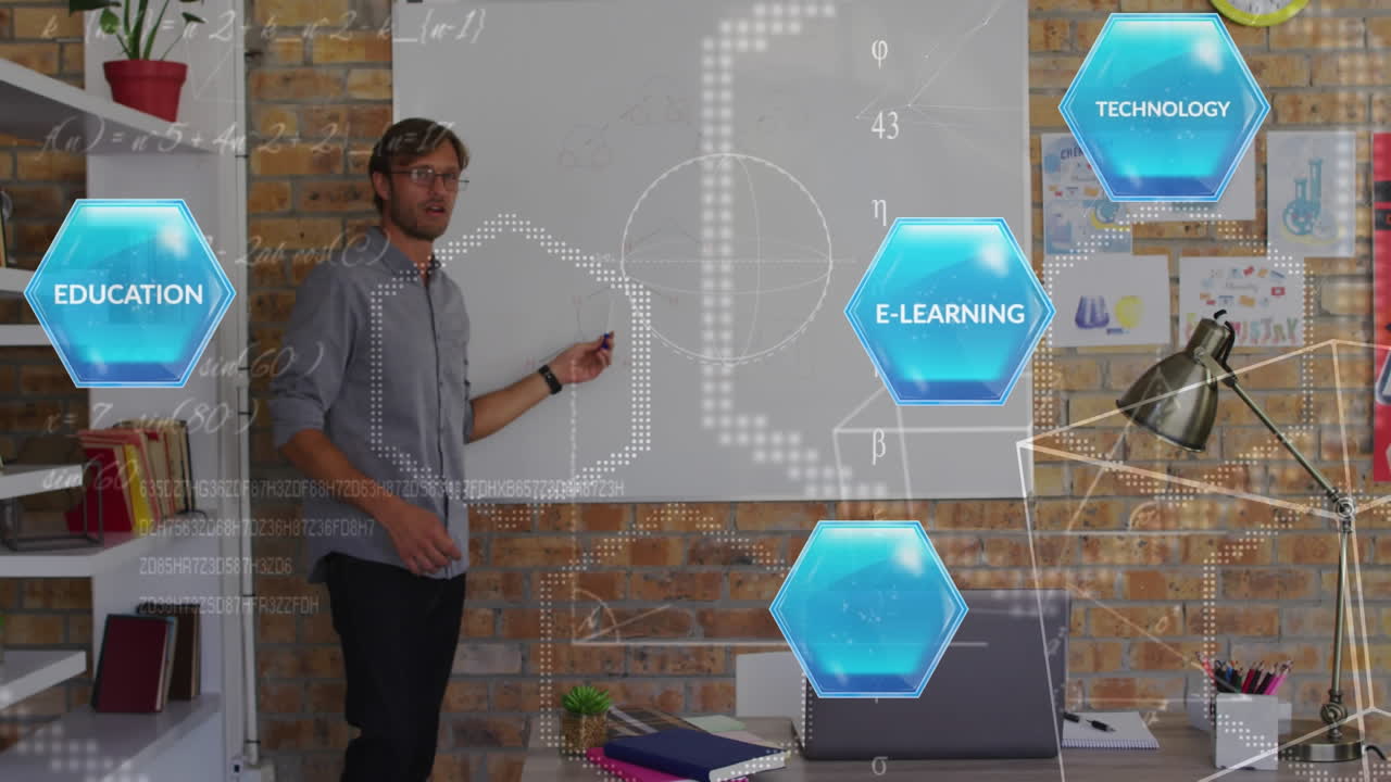 animación de ecuaciones matemáticas y textos sobre profesor caucásico masculino