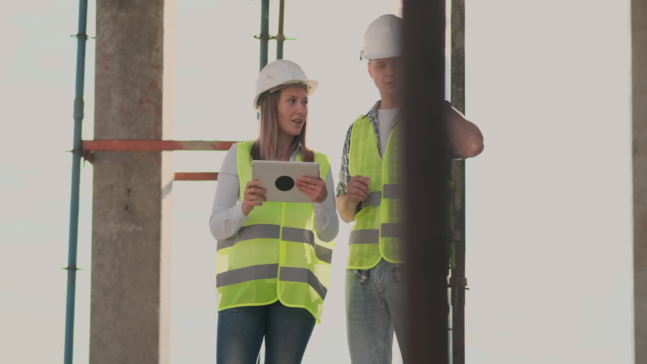 en la construcción con una mujer y un hombre constructores constructores ingenieros caminando a lo largo de ella. edificio en la construcción with a mujer y un varón ingenieros