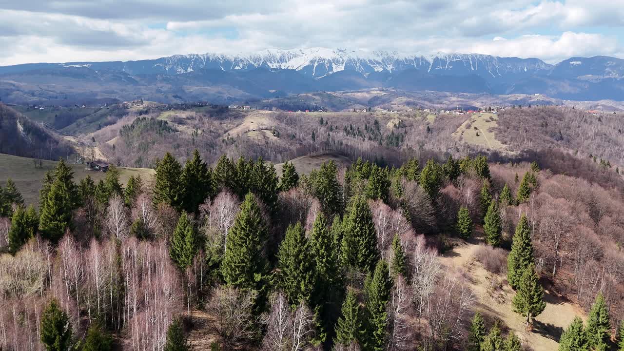 montañas cubiertas de nieve con denso bosque en primer plano bajo un cielo azul con nubes