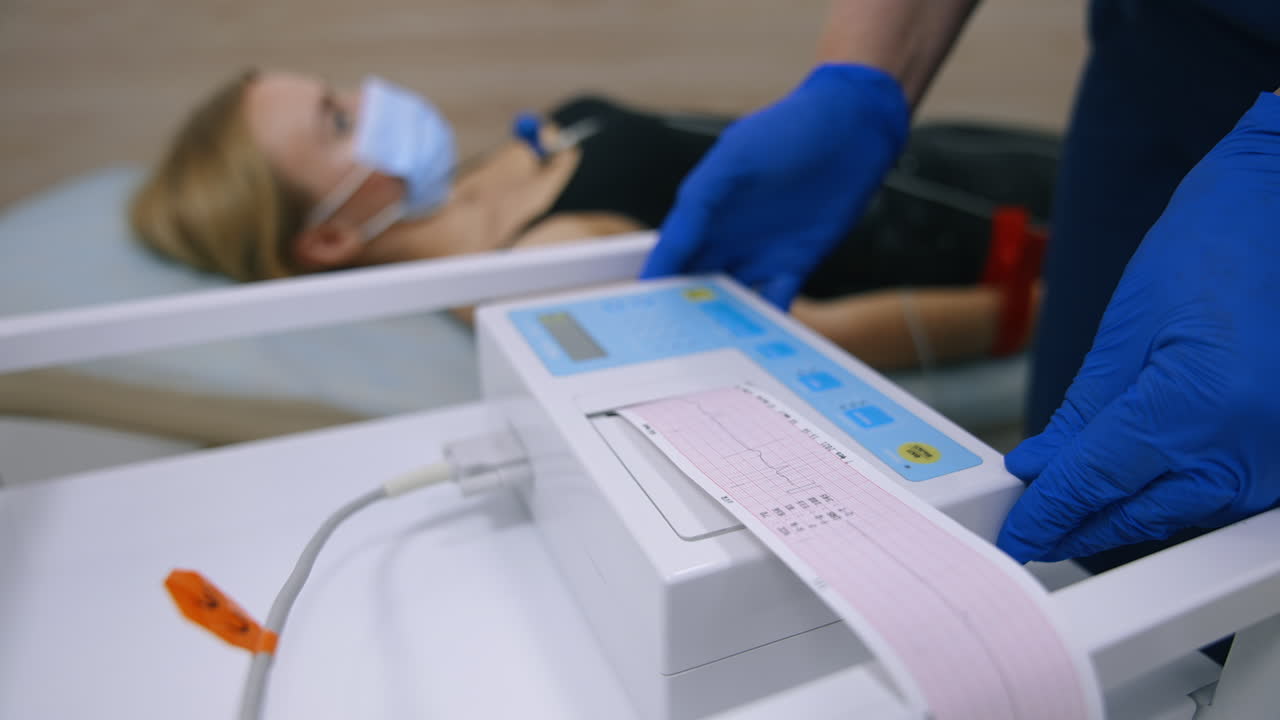 Electrocardiograph giving the heart check result on paper. Hand of medic in blue latex gloves pressing the button on machine. Patient lies at backdrop.