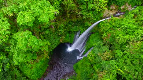 Vista-Aérea-De-La-Cascada-Tiu-Kelep,-En-Lombok,-Asia---Descendente,-Disparo-De-Drones