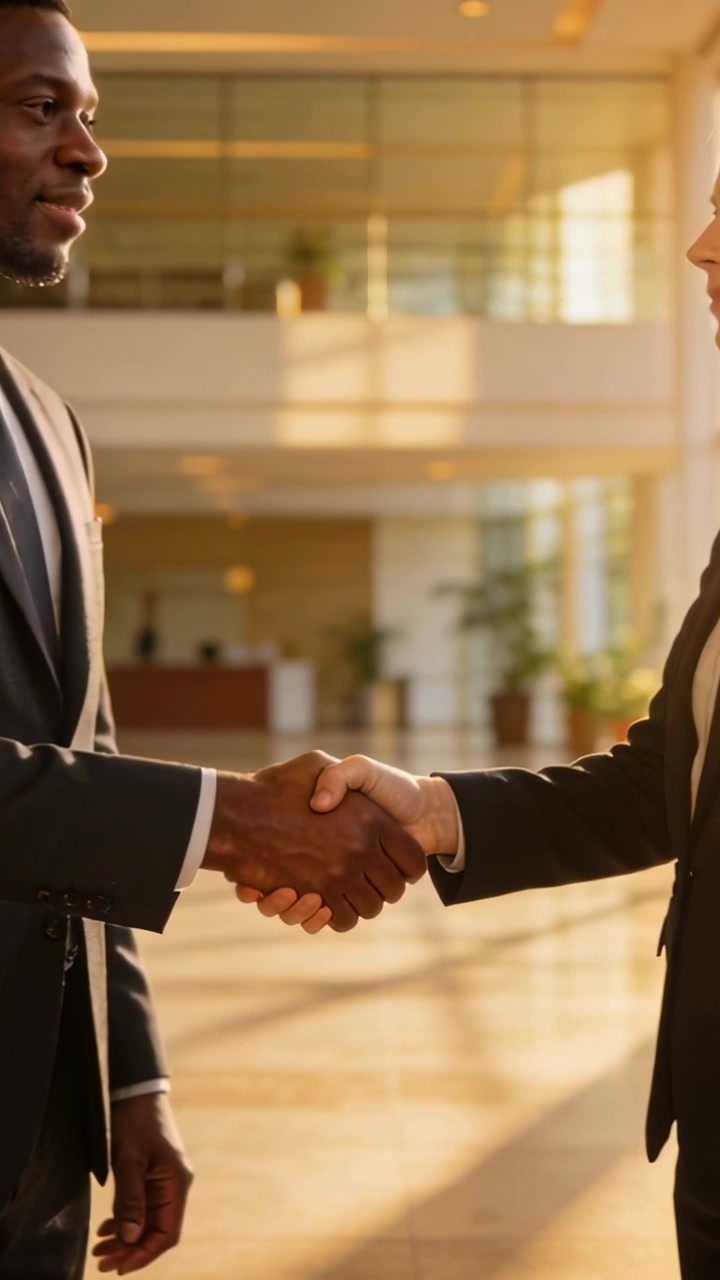 Vertical video: Shaking hands after eye contact, two execs in suits forming formal hello in lobby