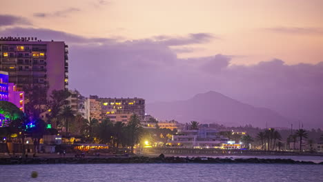 Tropical-Malagueta-beach-sunrise-timelapse-in-Malaga,-Spain