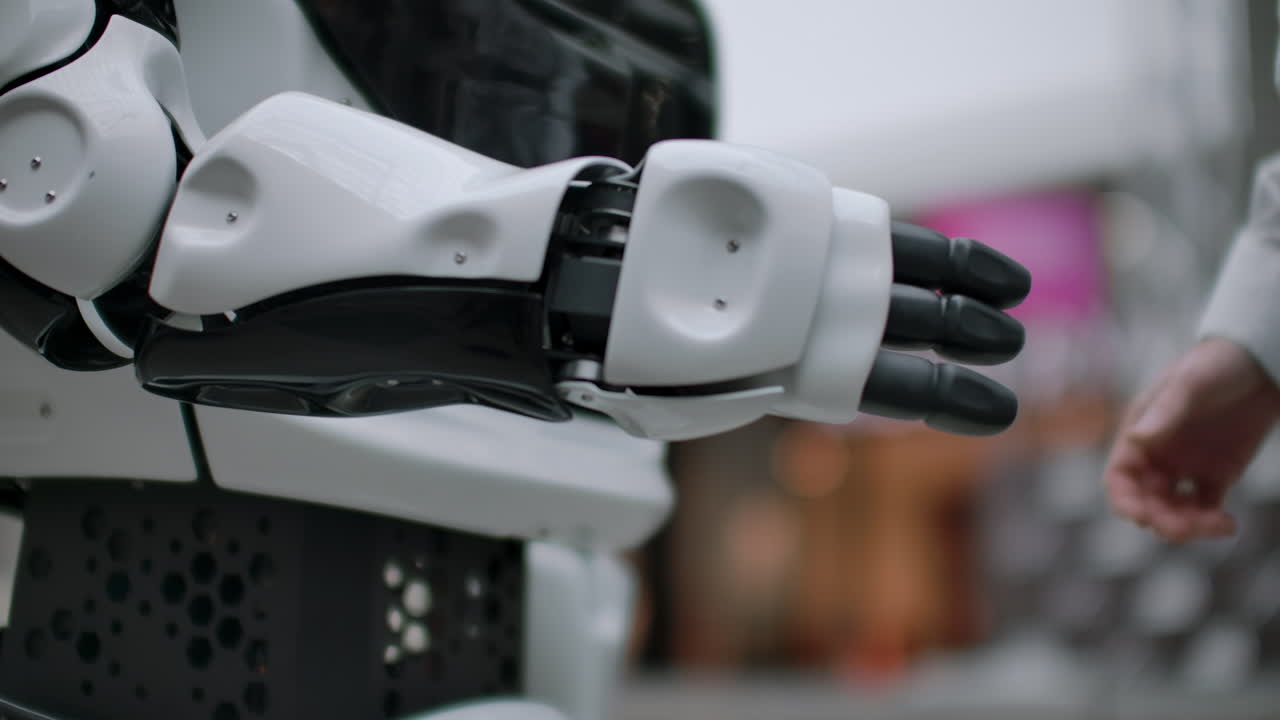 mano de un hombre de negocios estrechando la mano con un robot androide. el concepto de interacción humana con la inteligencia artificial.