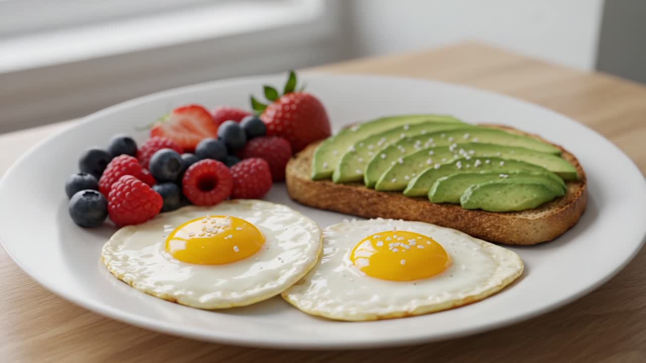 A Balanced Breakfast Plate Featuring Sunny Side Up Eggs, Avocado Toast, and Fresh Berries for a Nutrient-Rich Morning Meal