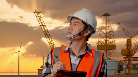 engineer inspecting offshore wind turbine and oil rig operations at sunset