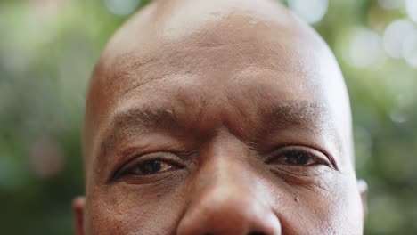 Portrait-of-happy-eyes-of-senior-african-american-man-in-nature,-slow-motion