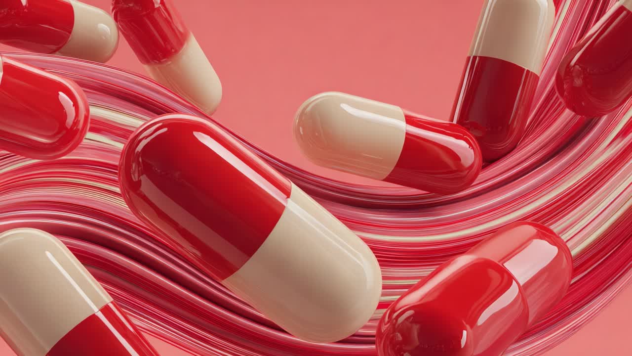 A Dynamic Visualization of Red and White Capsules in Motion Against a Soft Pink Background, Emphasizing the Fluidity and Energy of Pharmaceutical Elements