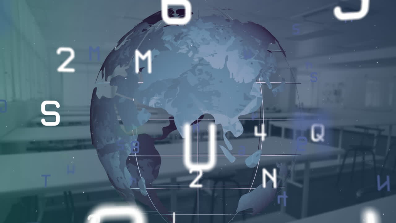 Changing numbers and alphabets floating over spinning globe against empty classroom