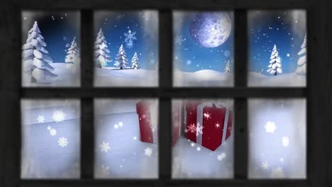 Animation-of-window-view-of-gifts-and-winter-landscape