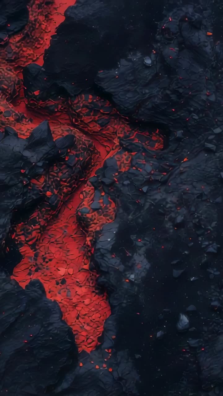 Vidéo verticale : canal de lave en fusion coulant, refroidissant et formant une croûte sur un champ de lave, avec des braises