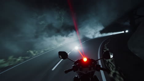 Night Motorcycle Ride Through Foggy Mountains