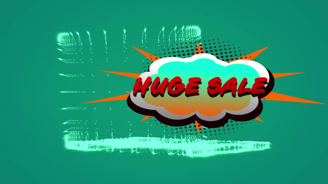 녹색 배경에 회전하는 3d 노트북 모델에 대한 레트로 연설 거품에 대한 거대한 판매 텍스트