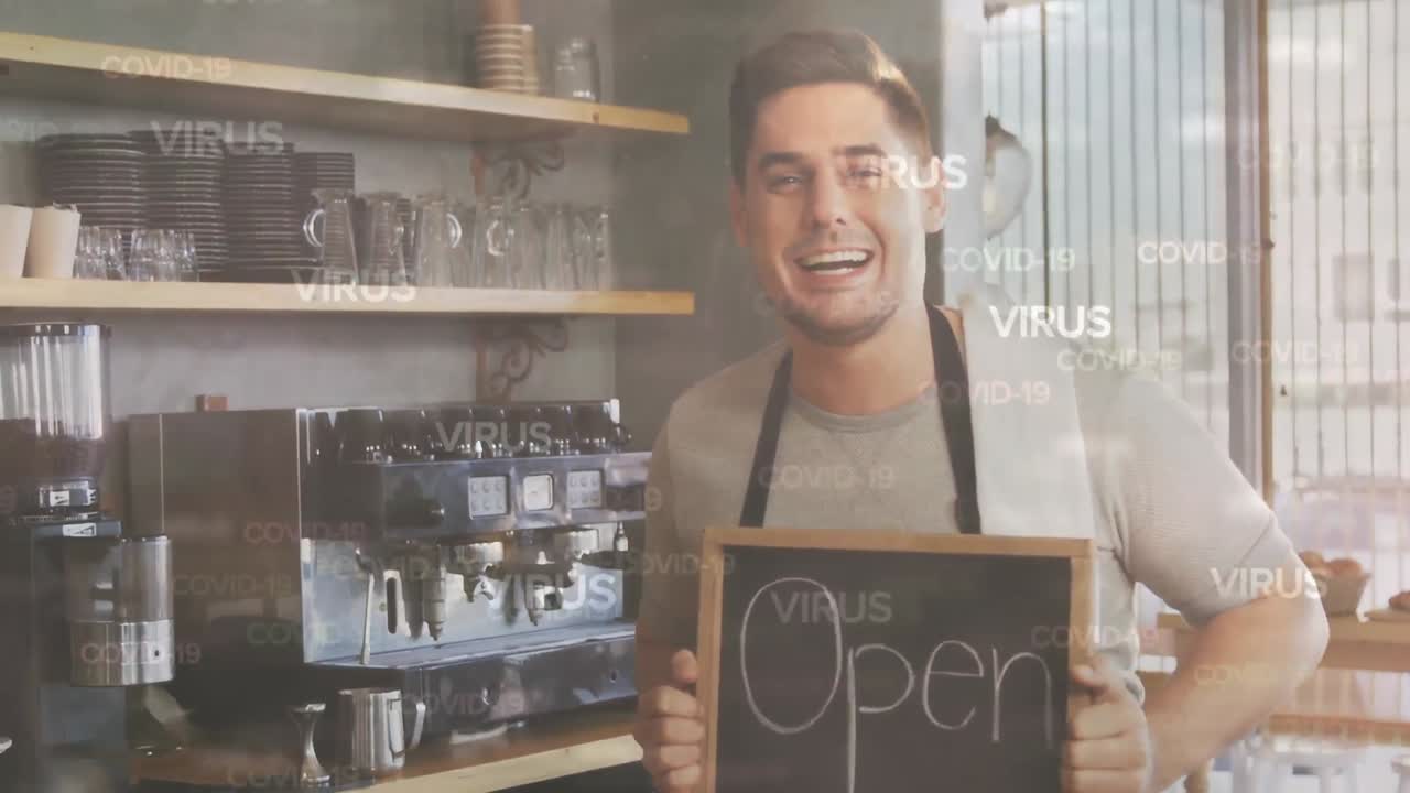 행복한 백인 남성 요리사 위에 떠다니는 코로나19 단어의 애니메이션