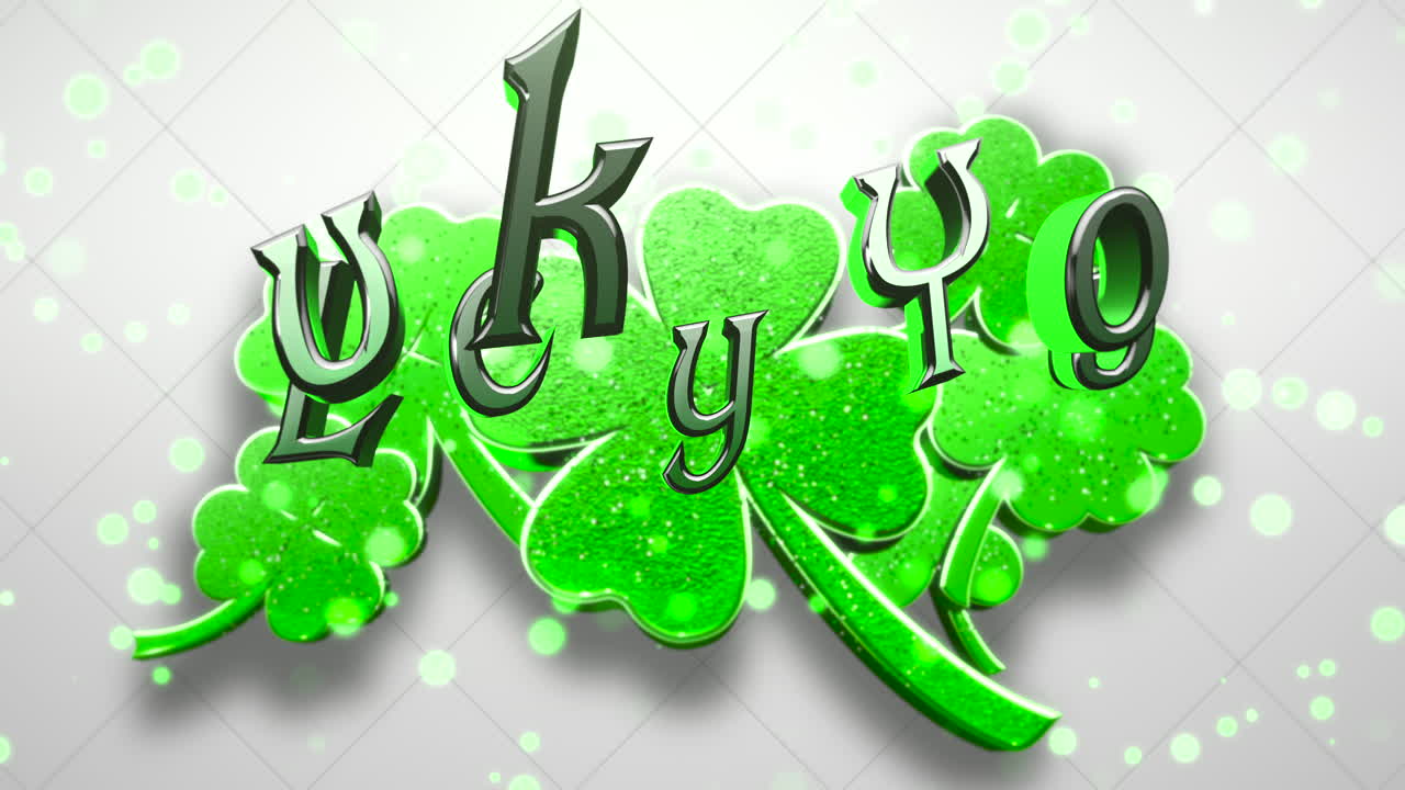 animací zblízka šťastný text a pohyb velké zelené šamrky s lesky na den svatého patrika lesklý pozadí 1