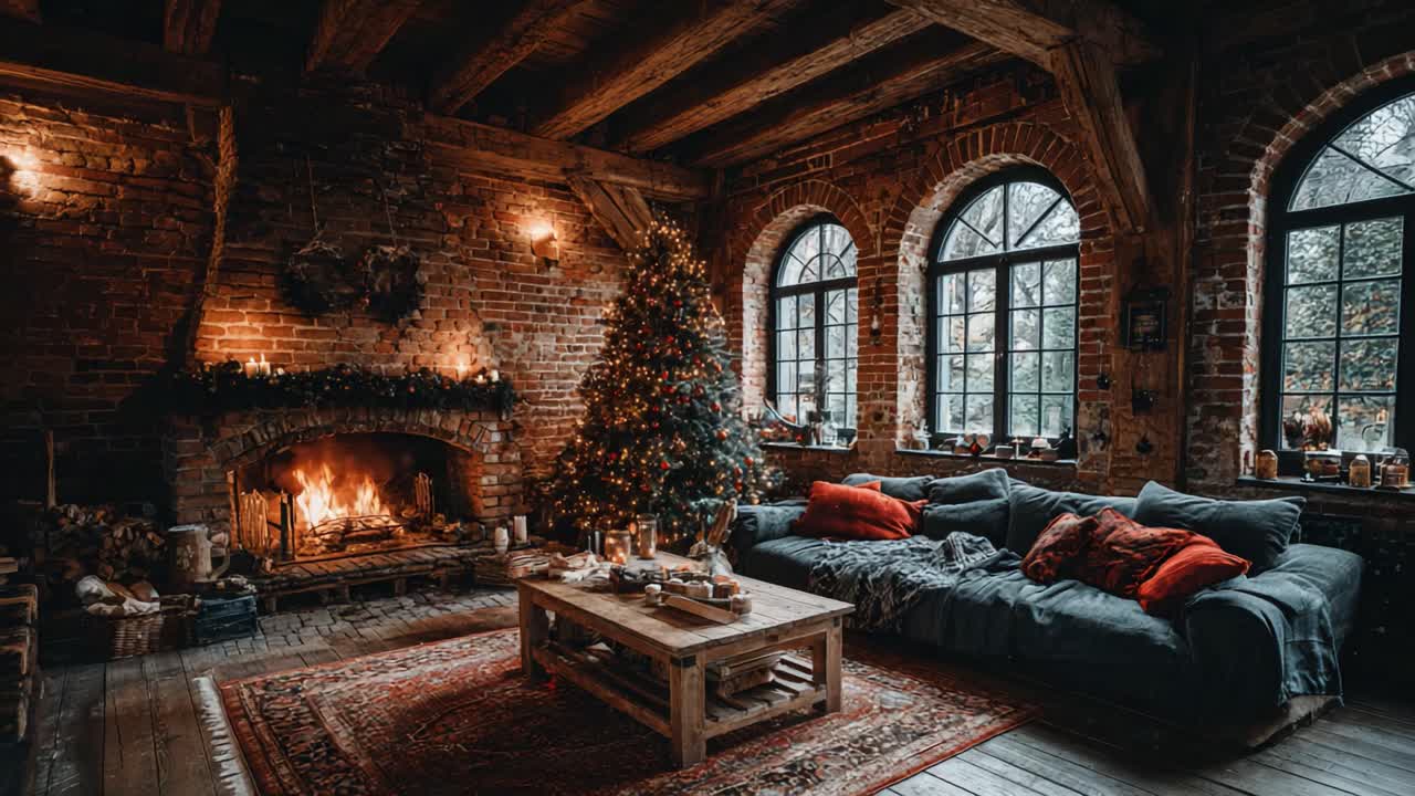 Cozy Winter Retreat: A Warm, Inviting Living Room Decorated for the Holidays with a Beautiful Christmas Tree, Brick Walls, and Soft Lighting