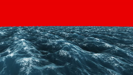 Stormy blue ocean under red screen sky 