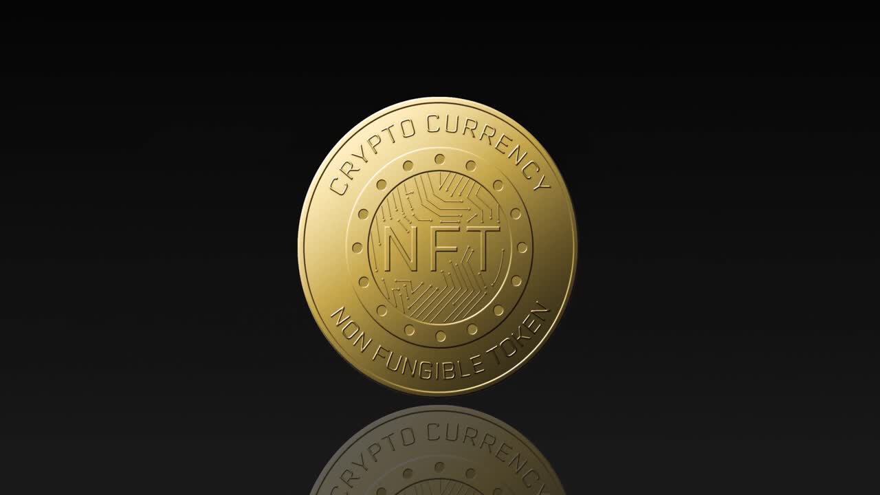animación de una moneda nft dorada girando sobre un fondo negro