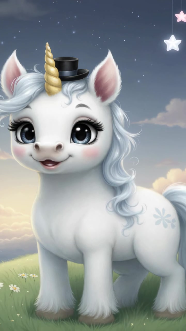 Vertical video: Recording white unicorn posing for portrait on daisy knoll with black top hat