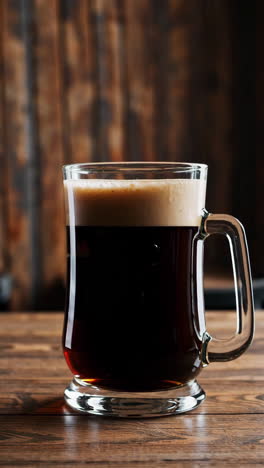glass of dark beer on wooden table