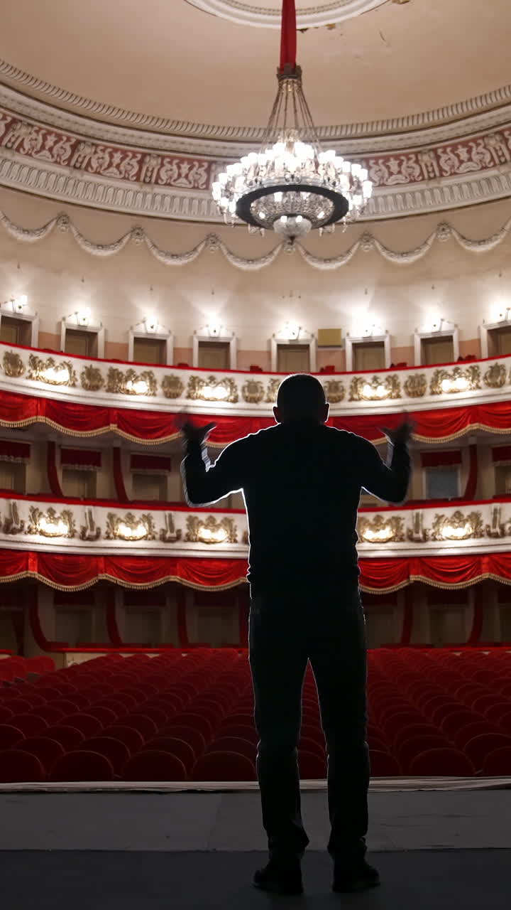 Empty theatre auditorium cinema or conference hall. Actor on stage in front of empty chairs. Vertical video