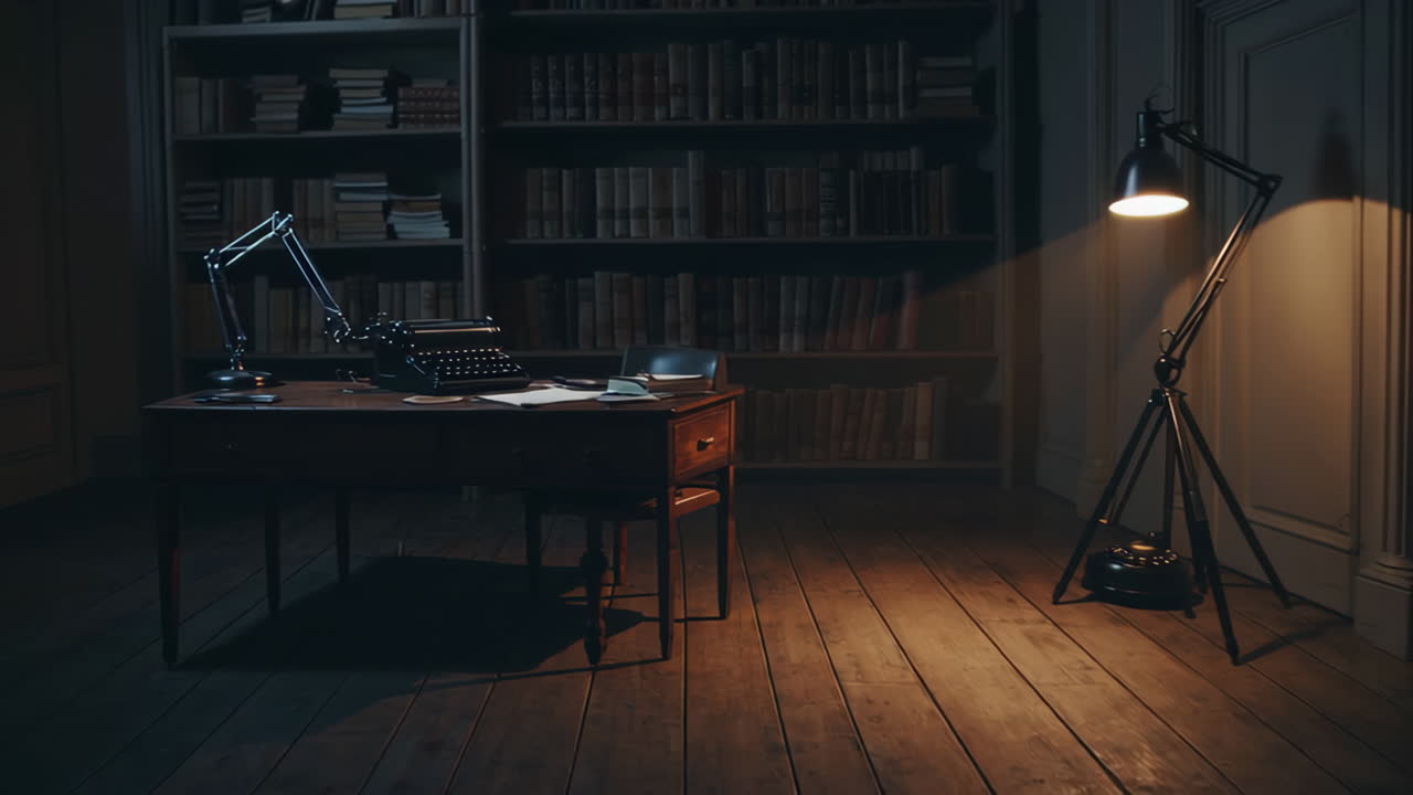 Dark and Cozy Study Room with Antique Desk and Typewriter