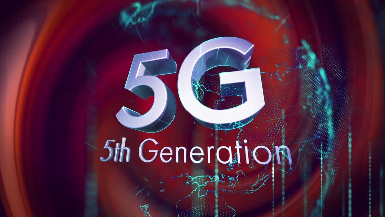 animación de texto plateado 5g 5a generación, con globo brillante y procesamiento de datos sobre fondo rojo