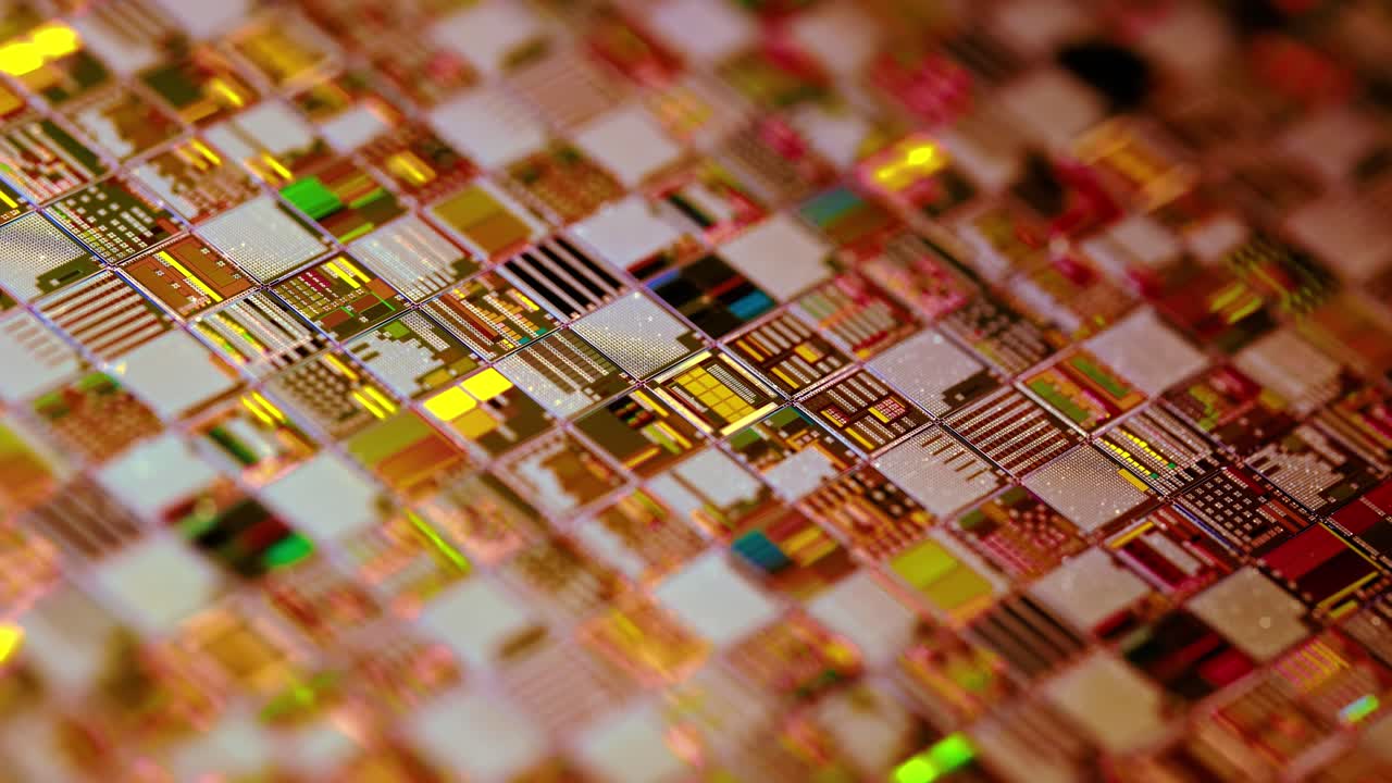 실리콘 반도체 웨이퍼 클로즈업. 전자공학에서, 웨이퍼는 슬라이스 또는 서브스트레이트라고도 불리며, 집적 회로의 제조에 사용되는 반도체, 결정성 실리콘의  ⁇ 은 슬라이스입니다.