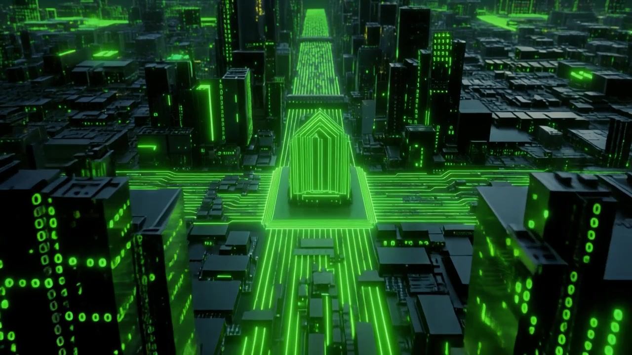 Digital Cityscape with Glowing Green Circuitry and Binary Code
