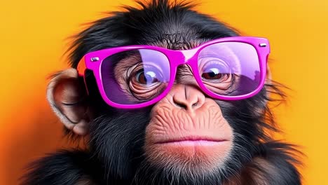 a monkey wearing pink sunglasses on a yellow background