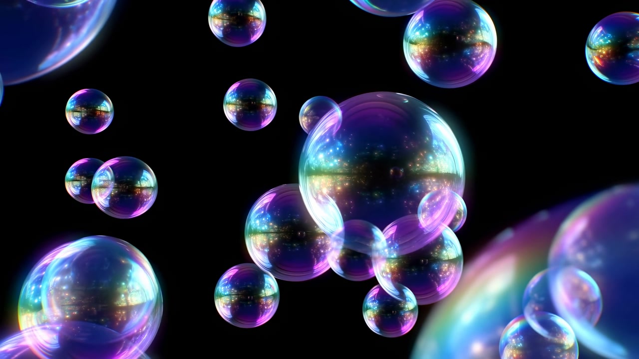 Bolle di sapone iridescenti su sfondo nero, fluttuano nello spazio scuro con riflessi arcobaleno e morbidi.