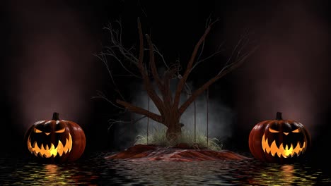 halloween scary pumpkins with haunted tree, dust particles, fog and water reflections 3d animation