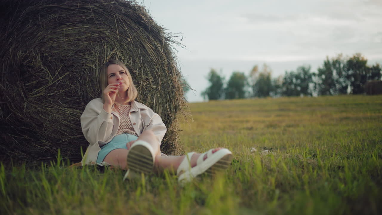 дама сидит с перекрестными ногами, вдумчиво играя с сухой листьями во рту, опираясь на сено в открытом сельском поле.