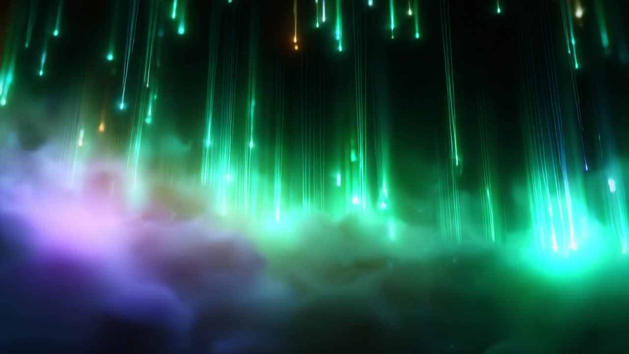 A Stunning Display of Colorful Light Beams Falling from the Sky, Creating a Dreamlike Atmosphere Above a Mystical Cloud Formation Transcending Reality and Imagination in a Visual Spectacle