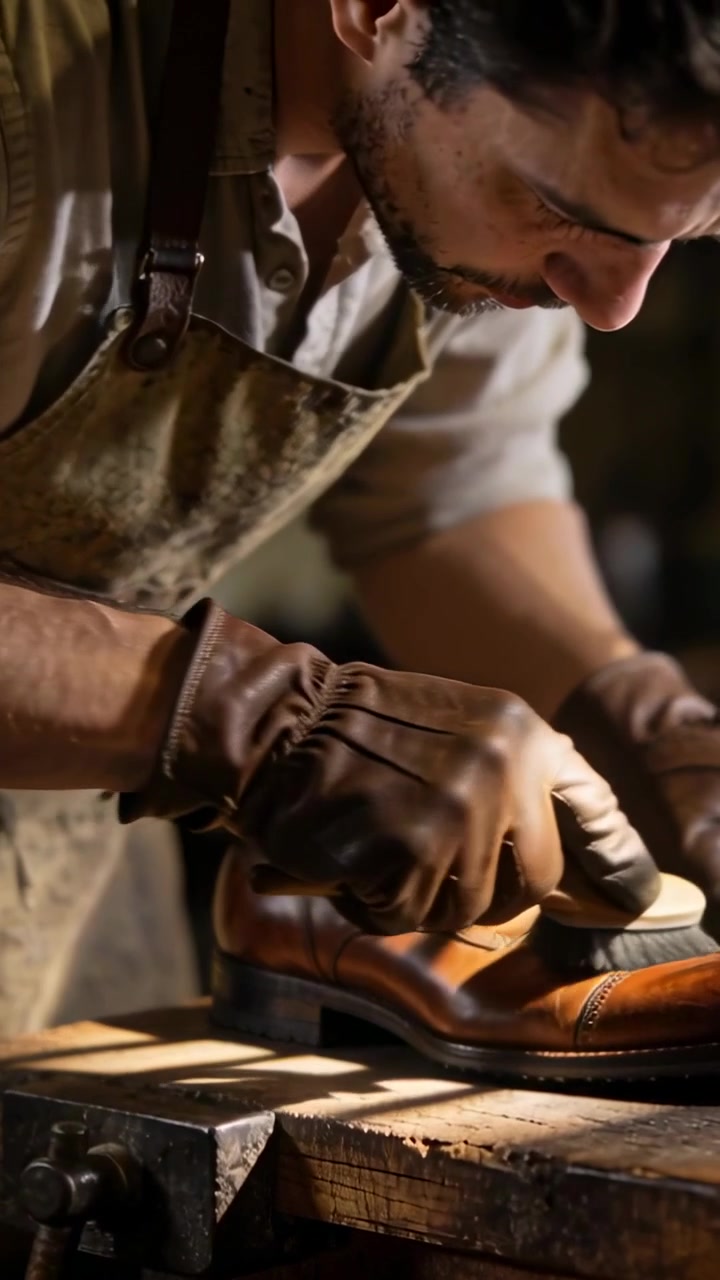 Vertical video: Leaning cobbler picking brush buffing shoe at bench apron leather gloves to shine