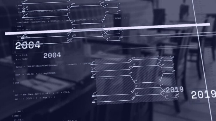 Animation of changing numbers, circuit board patterns, computer language over empty office
