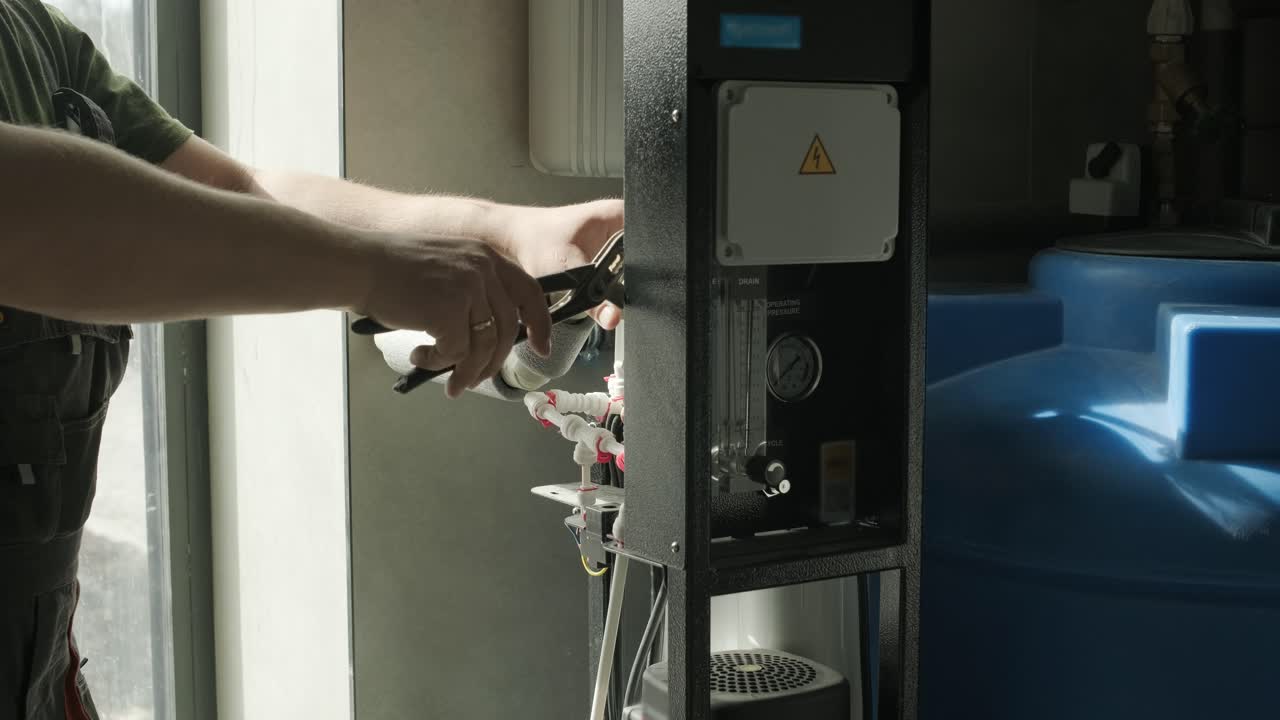 sistema de purificación de agua con tanque de almacenamiento azul y unidad de control