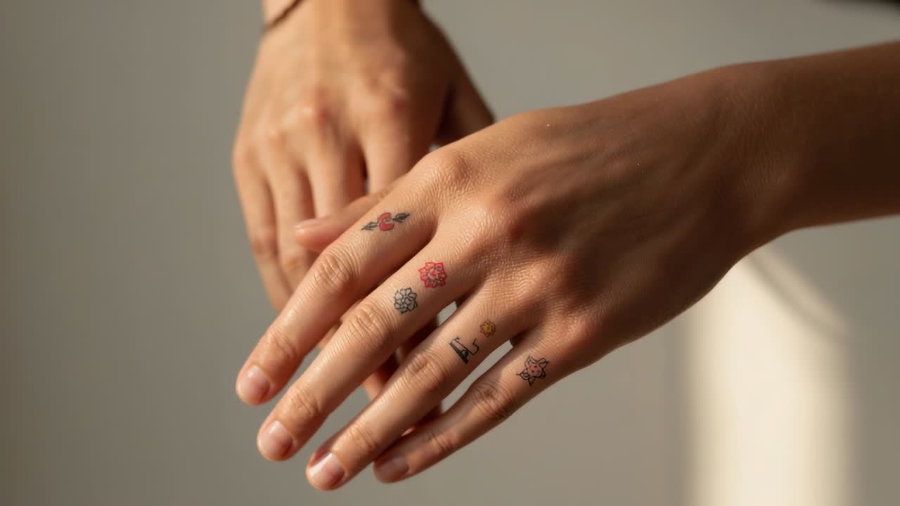 La mano destra scorre sopra la mano sinistra dopo una pausa nella stanza, rivelando tatuaggi sulle dita e un braccialetto