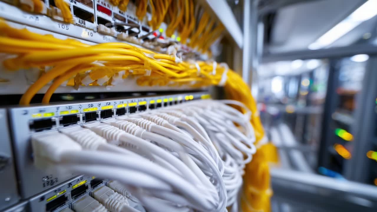 Complex Network Cabling within a Server Room Featuring Ethernet Connections and Colorful Cables Representing a Modern Data Center Infrastructure