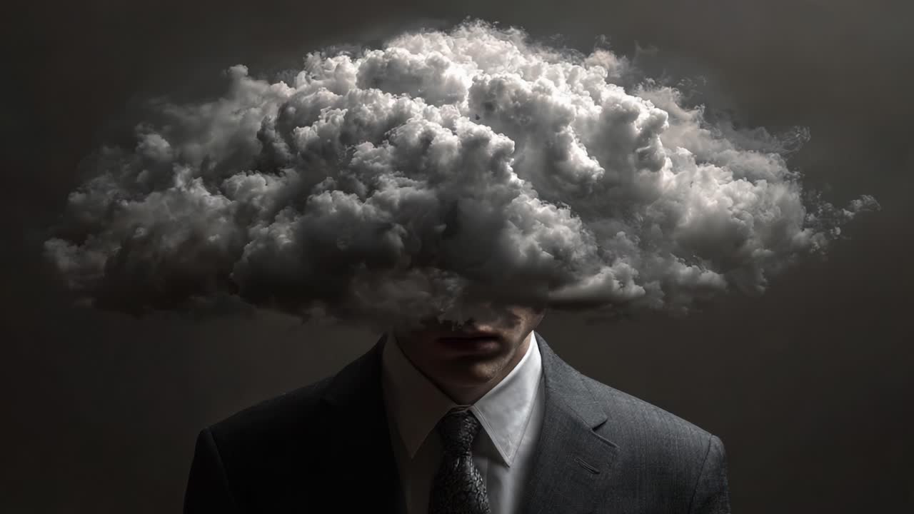 A representation of a person with a cloud covering their head, symbolizing confusion, uncertainty, and the complexity of thoughts in a dark, moody atmosphere