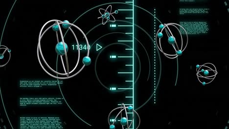 animation of atom model spinning and data processing on black background