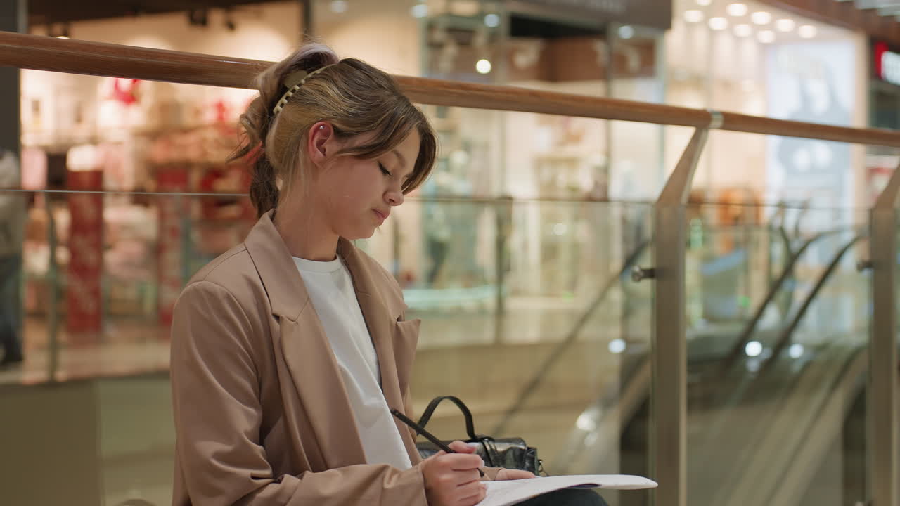 white teen sketching at mall by glass railing, notebook and pen in lap, blazer and ponytail, soft bokeh lights, focused expression showing concentration and creativity in quiet public space