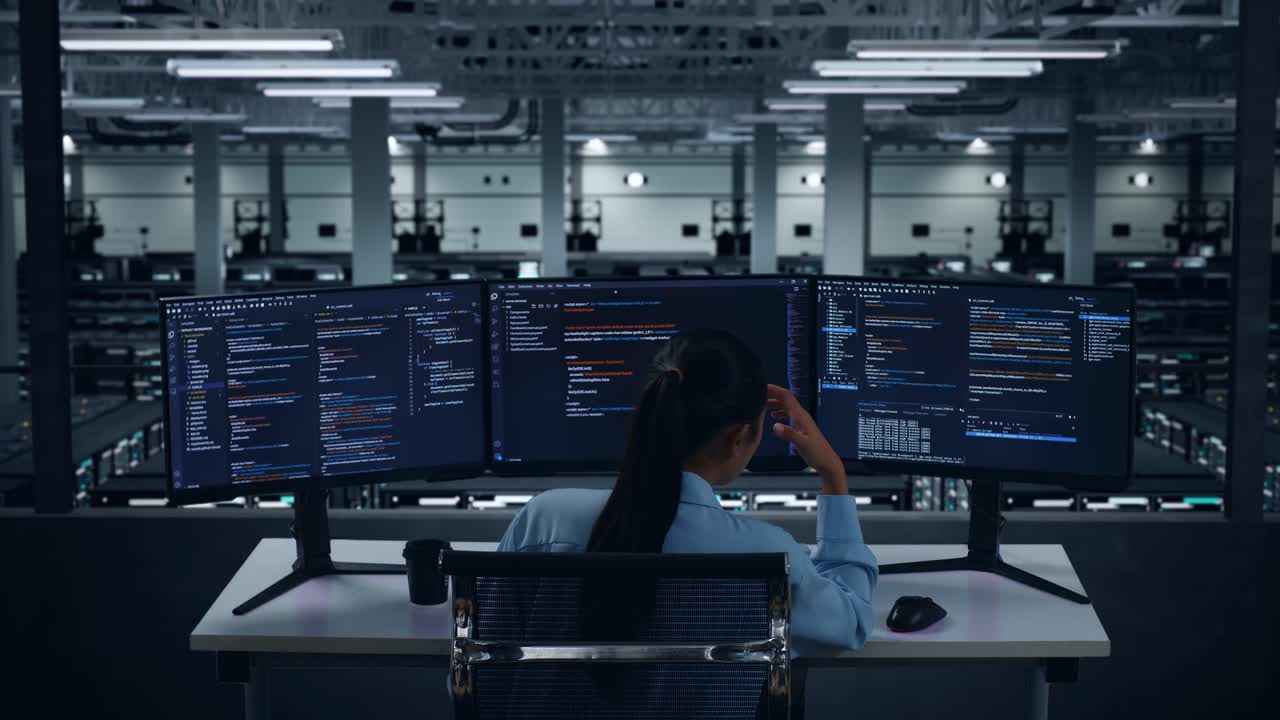 Back View Of Asian Woman Developer Having Headache While Write Code With Multiple Computer Screens In Data Center