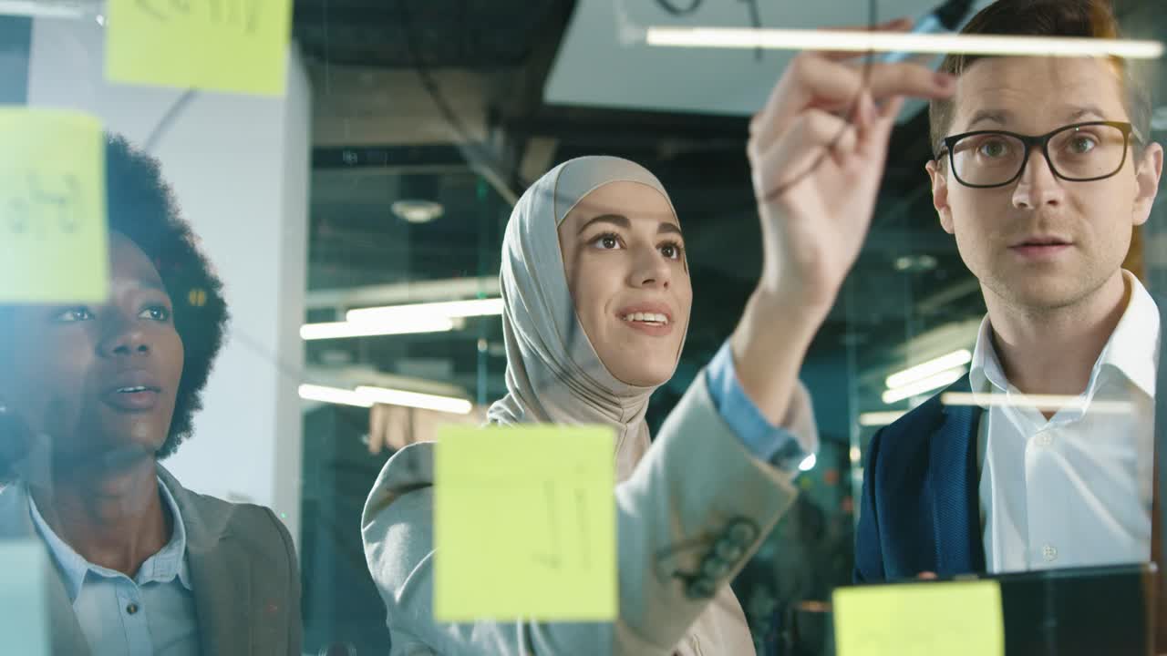 Close Up View Of Multiethnic Business People Group Working In A Modern Office While Writing On Glass In A Cabinet With Sticky Notes 2