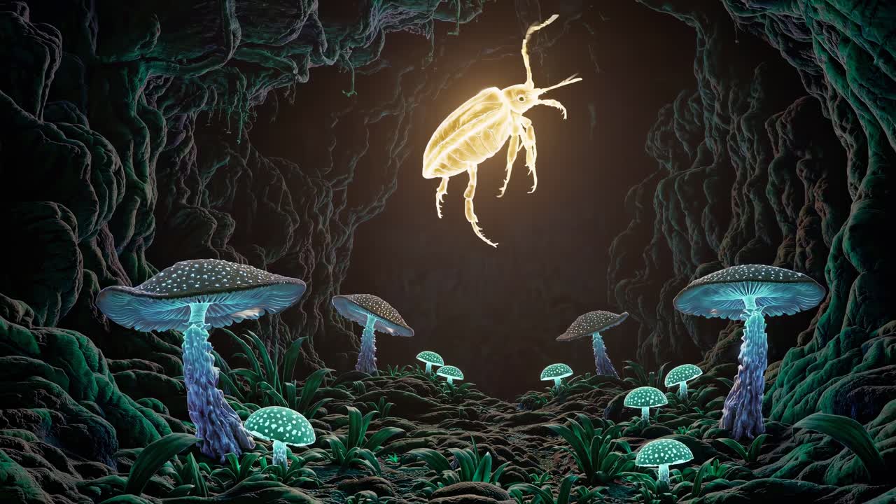 Insetto incandescente in una mistica grotta di funghi