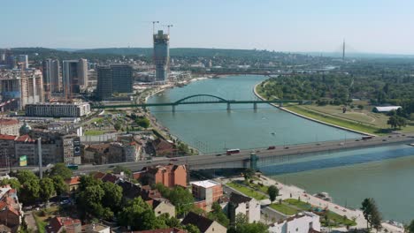 aerial view of belgrade and the river sava with the cross of the st michael's cathedral on the first term